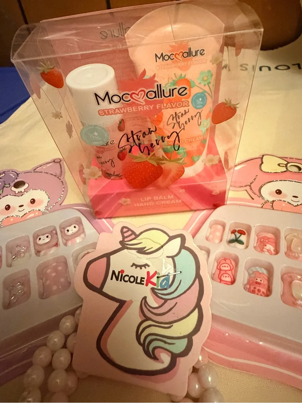 Nicole Kids Pink Beaded Bracelet Set with Floral Charm and Press-On Nails